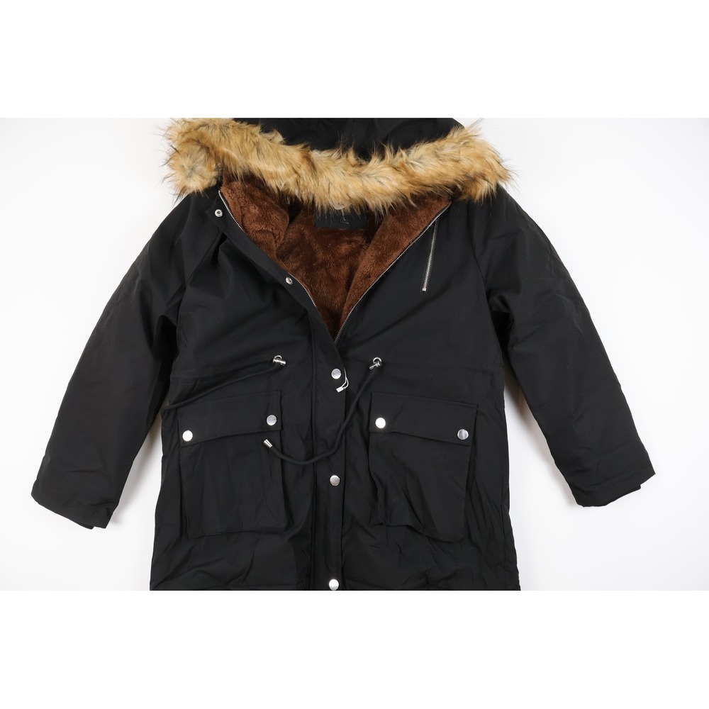 E Faux Fur Lined Hooded Winter Parka Jacket Black Solid Large NEW